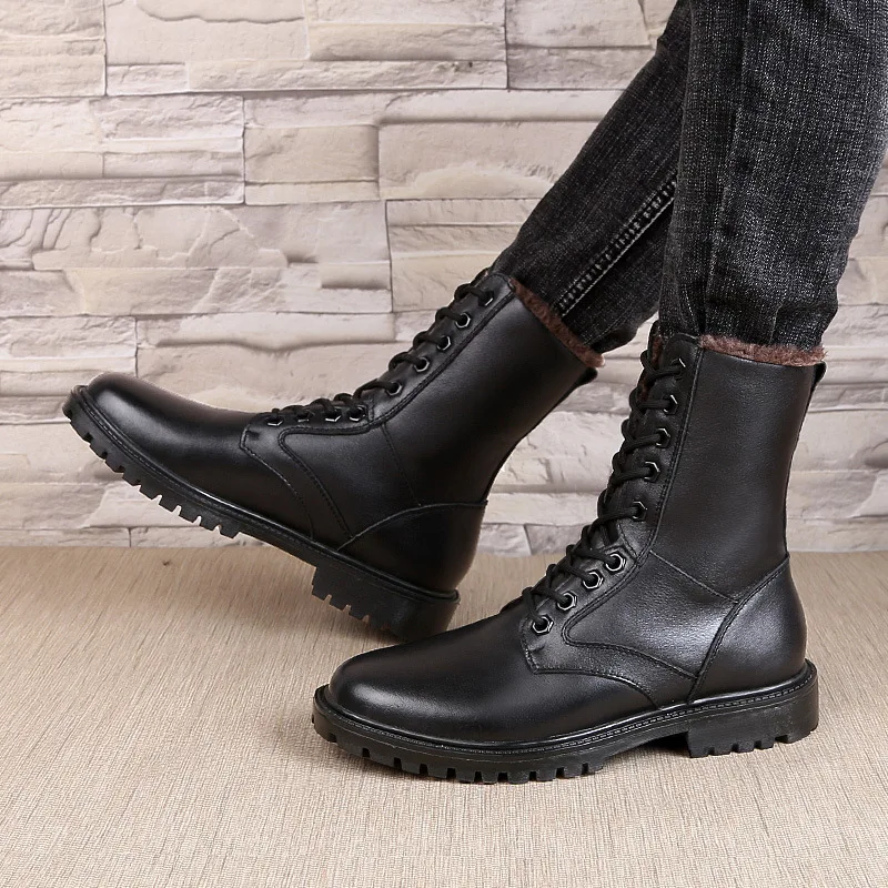 

37-47 Pier Layer Cowhide Men Business High State Warm Cotton Boots Combat Boots Large Size Leather Boot