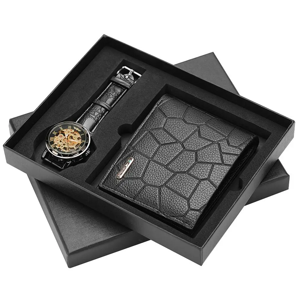 

2pcs/set Men's Gift Set Beautifully Packed Leather wallet+hollow mechanical watch Combination Waterproof Wristwatch