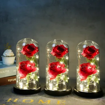 

Valentine's Day Gift Simulation Gold Foil Rose Flower Led Light home decoration Eternal Rose Immortal Glass Cover Gift HF