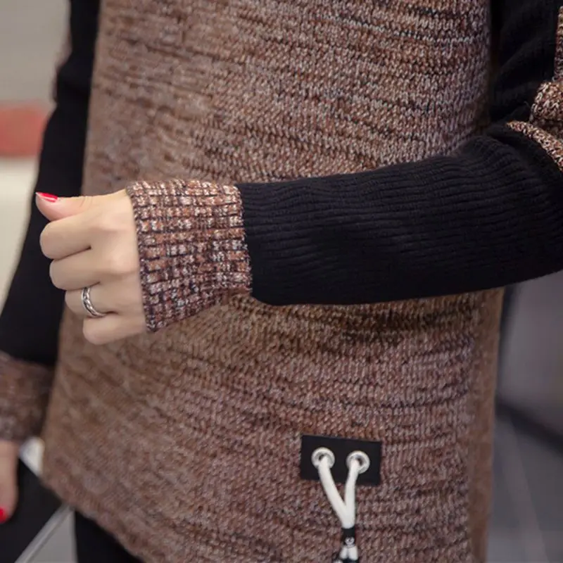 GIGOGOU размера плюс XL-4XL, женский свитер с высоким воротом, пуловер средней длины, Свитера с цветными блоками, толстый вязаный женский джемпер