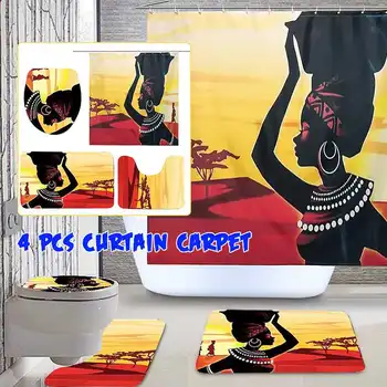 

4Pcs Bathroom Suit African Girl Waterproof Toilet Cover Rug Mat Set Flannel Bathroom Shower Curtain