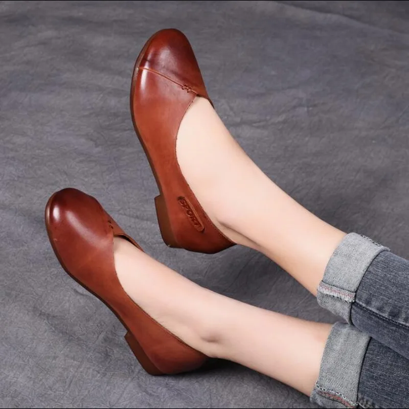 

2021 New Genuine Leather Ballet Flats literary Retro Women Singles Shoes Woman Flat Heel Soft Sole Mother Shoes Lady Loafers Sho