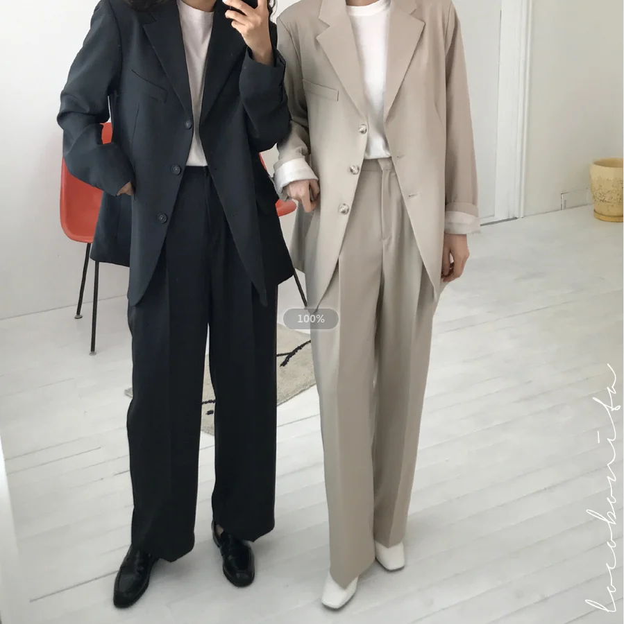 

Two Piece Set Autumn Long Sleeve Single Breasted Turn Down Collar Ladies Coat and High Waist Wide Leg Long Pants 2 Piece Set