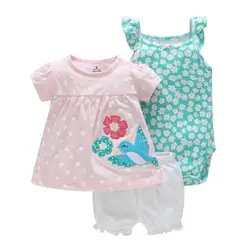 Живописное детство 3 шт. Одежда для новорожденных девочек комплект рукав любовь и птица дизайн боди + короткая хлопковая повседневная