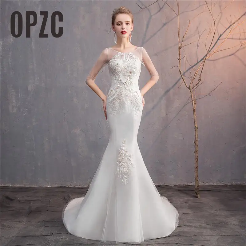 

OPZC free shipping real photo 2019 new style O neck Elegant beautiful Lace wedding dress for wedding Vestido de noiva Mermaid wedding dress with flowers robe de mariage bridal dress