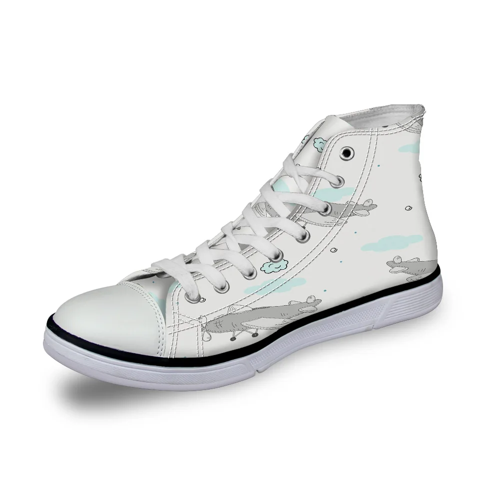 

WHEREISART Women Canvas Shoes Cartoon Grey Airplane White High Top Flats Unisex Vulcanized Shoes Female Casual Shoes Sneakers