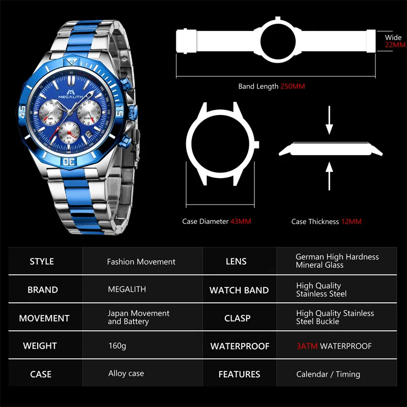 Skup 2019 nowy mężczyzna zegarka MEGALITH Top luksusowa marka wodoodporny zegarek ze stali nierdzewnej Luminous Chronograph zegarek kwarcowy mężczyźni zegar Relogio Masculino