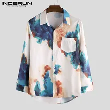 INCERUN, корейский стиль, мужские рубашки с длинным рукавом, лацканы, повседневные, с принтом, на пуговицах, свободные, дышащие рубашки, Мужская модная уличная одежда, Camisa