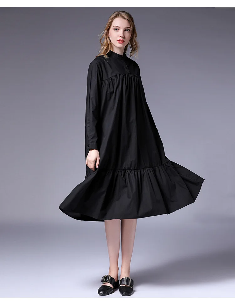 black 4 цвета, Осеннее женское длинное Плиссированное Хлопковое платье с круглым вырезом, дизайн с оборками, размер по подолу, черный, красный, зеленый, кофейный, с пуговицами - Цвет: black