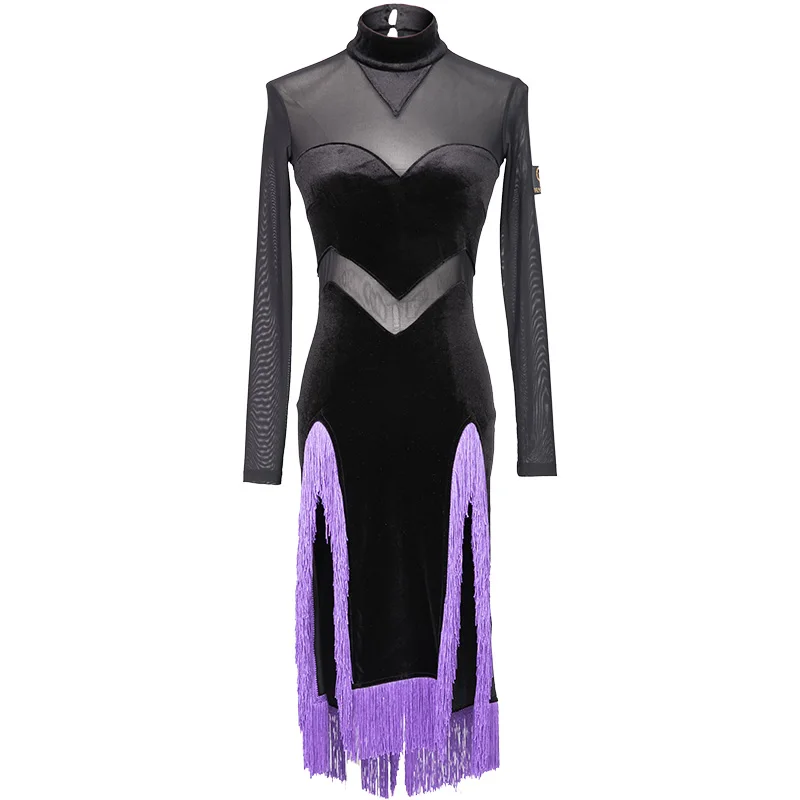Years New Contrast Color Dance Dresses Full Sleeves Tassel Mesh Elastic Dancer Dress Grading test Dresses Clothes - Цвет: Черный
