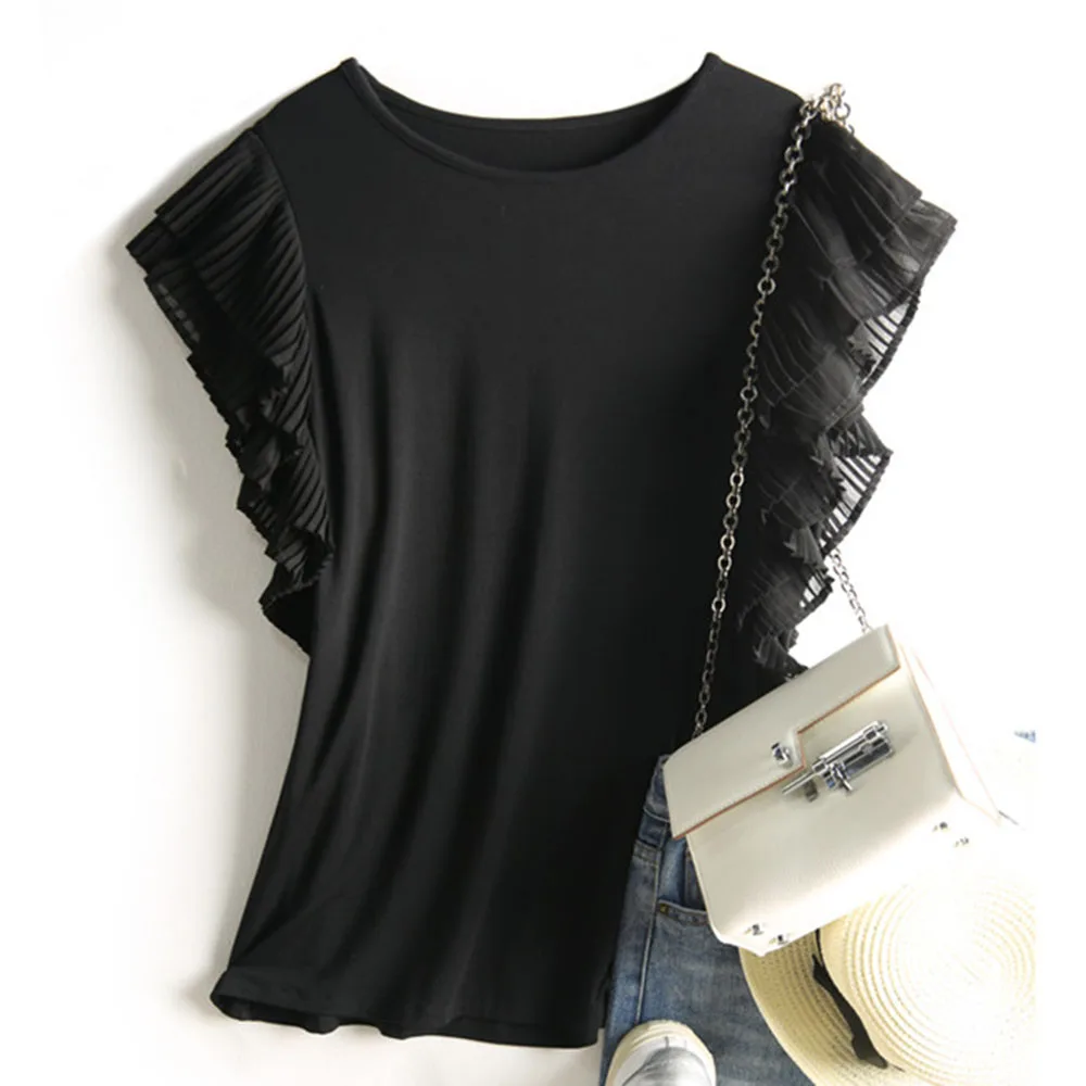 2019 Organ Pleated Ruffle Blouse Women Summer Korean Shirt Black Female Slim Stylish Blouses - 4.00067E+12