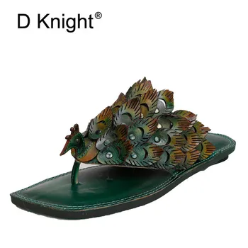 

Original Summer 2020 New Peacock Women Flip Flops Soft Sole Clip Toe Female Sandals Shoes Genuine Leather Ethnic Ladies Slippers