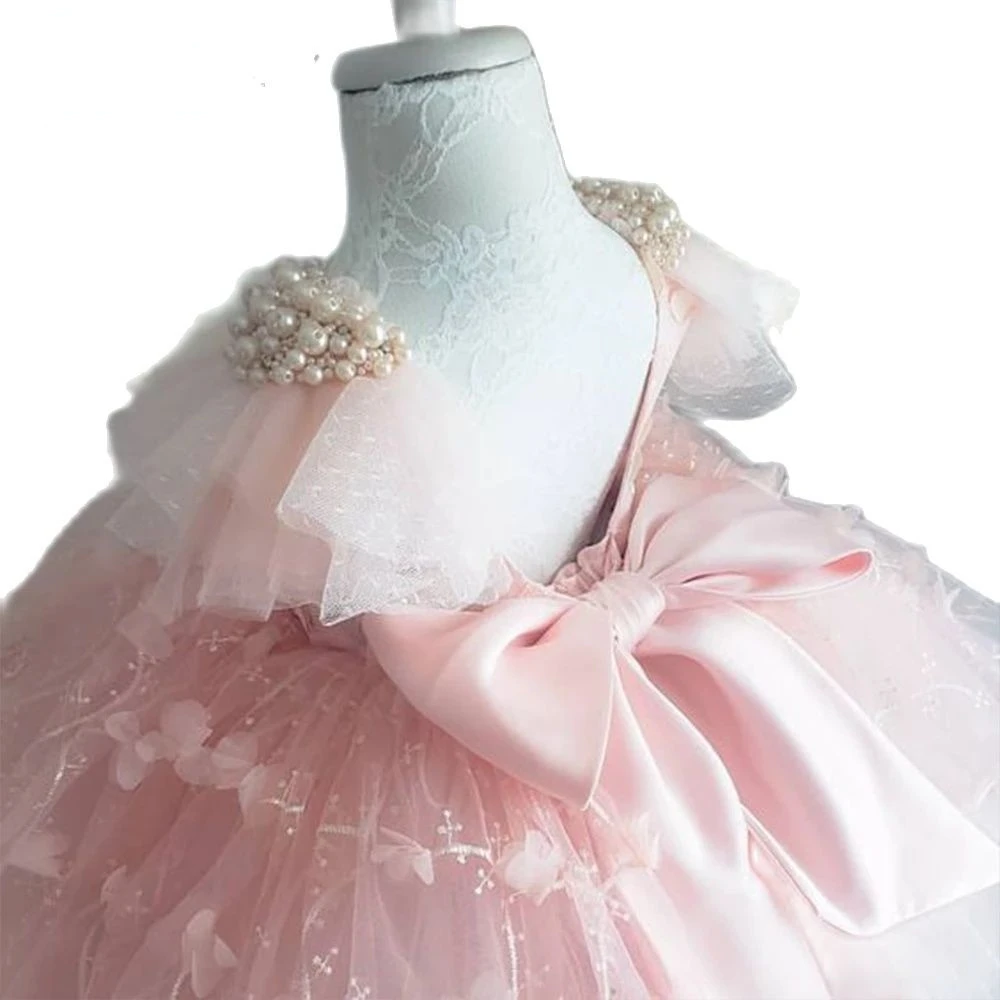 

Cute Puffy Pink Ball Gown Girl Pageant Dress Pearls Beading Flower Girl Dresses Tulle Satin Bow First Communion Dress New Year