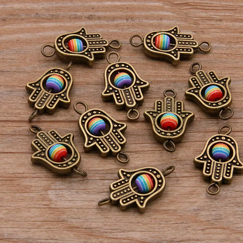10PCS 13*22mm Fatima Hamsa Hand 10 Color Evil Eye Spacer Bead Connector For DIY Bracelets Necklace Jewelry Handmade Making