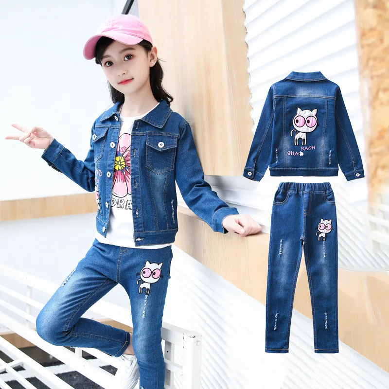 

Childrenswear 2019 Spring And Autumn New Style Girls Korean-style Embroidered Cat Denim Suit Middle And Large CHILDREN'S Three-p
