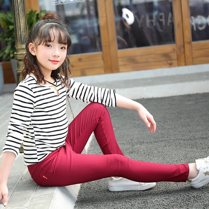 Girls' Pencil Pants Spring And Autumn Kids Casual Solid Color Pocket Outer Wear Stretch Trousers