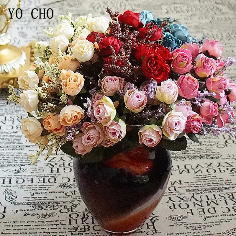YO CHO 15 Heads Artificial Flowers Rose Bouquet Home Fabric Fake Flores Bunch for Party Hotel DIY Decor Wedding Wall Flore | Дом и сад