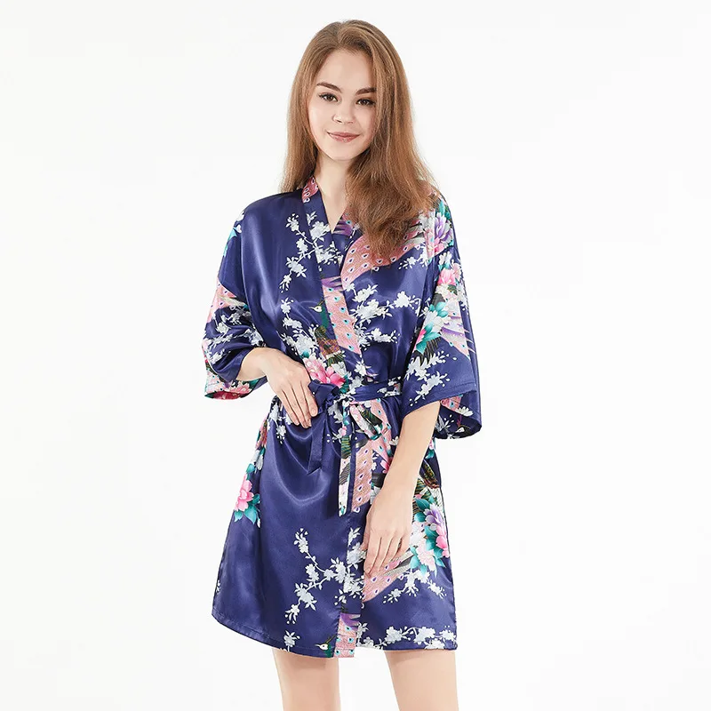 

Bride Bridesmaid Wedding Robe Elegant Women Homewear Satin Nightdress Sleepwear Print Peacock Kimono Bath Gown Loose Nightwear
