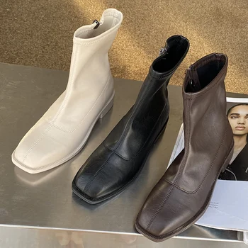 

2020 Winter Trending Women Square Toe Chelsea Boots Apricot Leather Martin Boots Brown Zippers Mid-Calf Boots Ladies Party Shoes