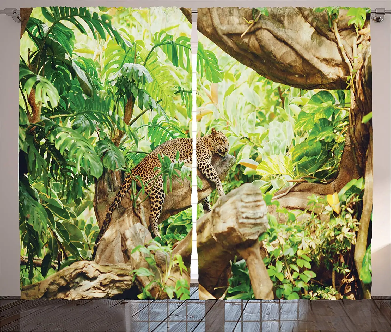 Safari Curtains Leopard on The Branch in Savanna Exotic Macro Tropical Leaf Jungle Wild Nature Living Room Bedroom Decor | Дом и сад