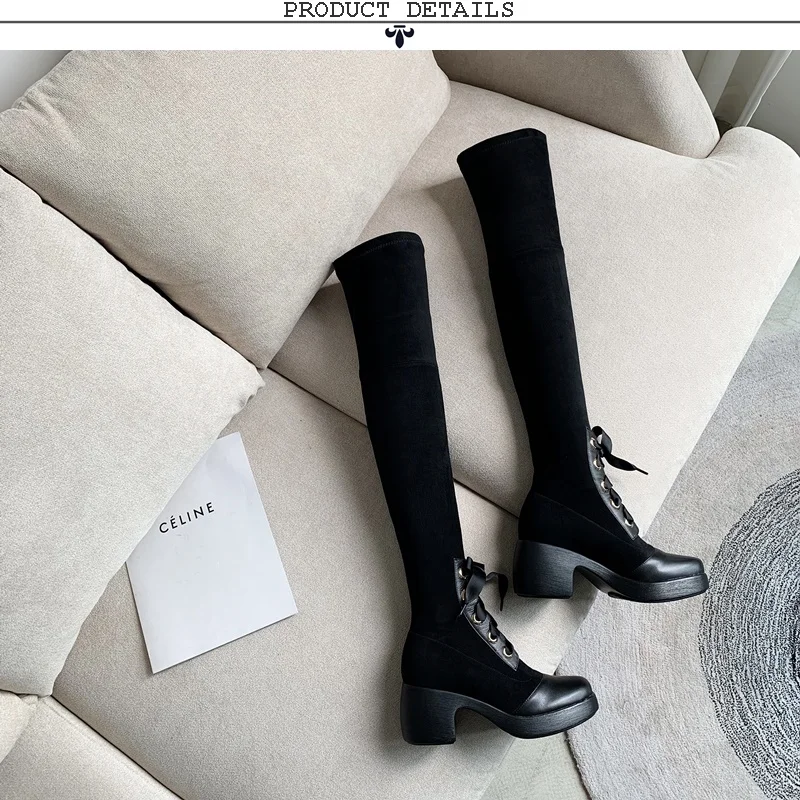 ZVQ/Новые модные зимние сапоги выше колена удобная женская обувь на высоком каблуке с перекрестной шнуровкой и круглым носком Прямая, размер 33-40
