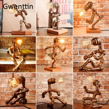 Американская Винтажная настольная лампа с роботом, светодиодная Ретро лампа Эдисона, водопровод, деревянная подставка, настольный светильник, Светильники для спальни, дома, лофт, промышленный Декор