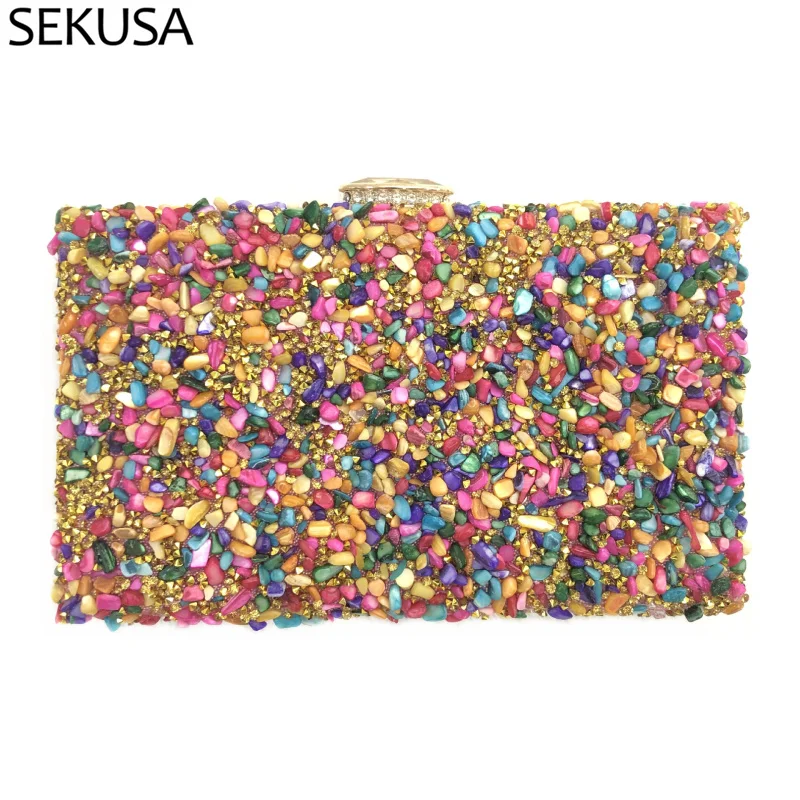Bohemian Style Stone Evening Bags Candy Color Rhinestones Day Clutch 2021 New Design Female Handbags Chain Purse