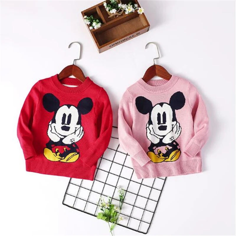 Осенне зимний детский мультяшный свитер Disney для девочек с Микки Маусом теплая