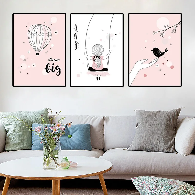

Wall Canvas Painting Cartoon Sweet Girl Hot-Air Ballon Bird Home Decorative Painting Anime Poster Home Decor Wall Art