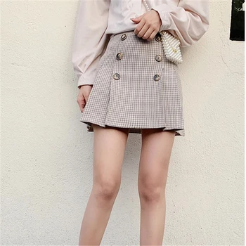 

Plaid High Waist Skirt Women Korean Casual A-Line Pleated Mini Skirt Female Spring Office Lady Button skirts women summer K475