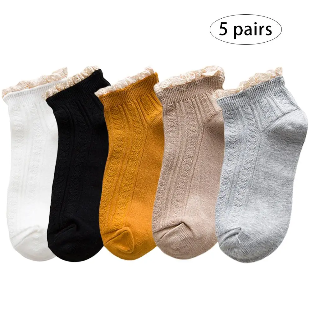 5 Pairs Spring Lace Ruffles Socks Cotton Ankle Lovely Frilly Edge Girls' Women Socks Sweet Casual Short Tube Lady Vintage Socks