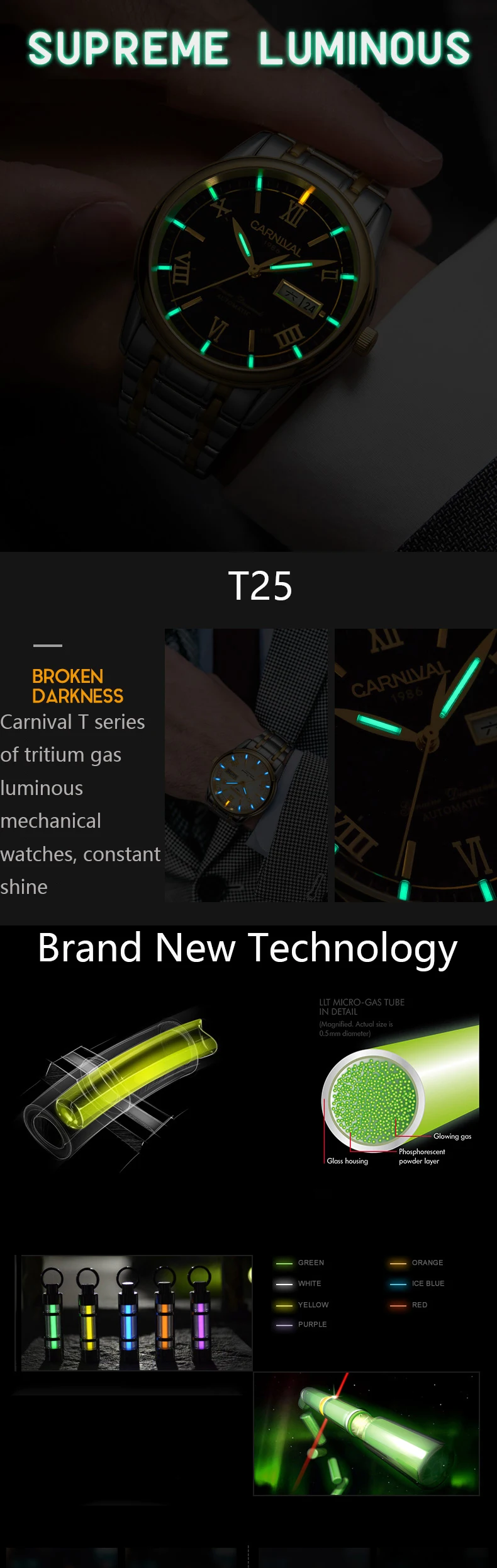 Карнавал Тритий T25 световой двойной календарь военные автоматические механические часы мужские роскошные Брендовые Часы водонепроницаемые часы uhr