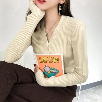 

Women Casual V-Neck Sweaters Solid Winter Top Wear Sexy Ladies Long Sleeve Single Breasted Slim Fit Shirts T