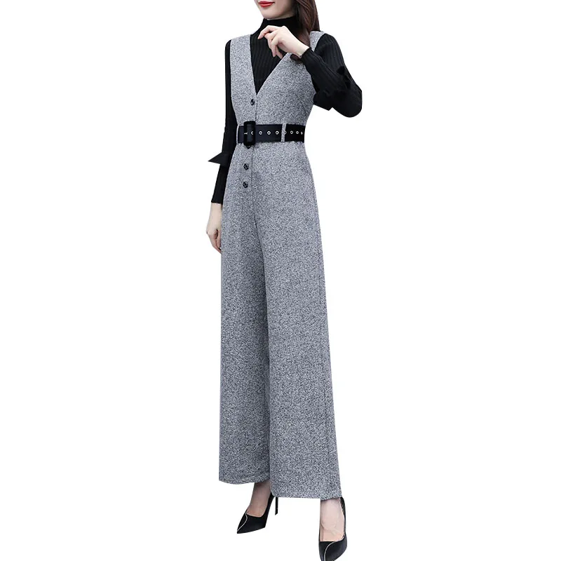

Goddess Knitted Sweater Woolen Suspender Wide-leg Pants Suit 2023 Women Autum Winter New High-waist Jumpsuit Two-piece OK1246