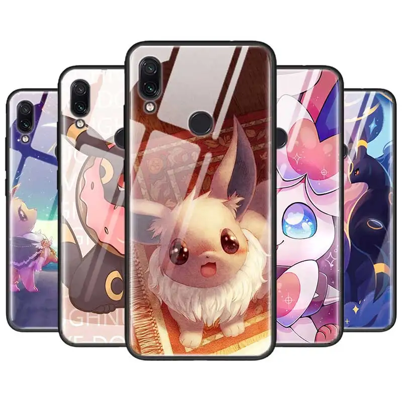 

Cartoon eevee Tempered Glass Cover For Xiaomi Redmi 7 Note6 Note7 K20 K20Pro Black Silicone Phone Case Shell Accessory Fundas