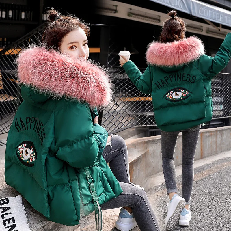 

Short Loose-Fit Versatile Comfortable Long Sleeve 2018 Winter New Style Solid Color Hooded Cotton-padded Clothes with Model Fur