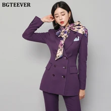 BGTEEVER, элегантный двубортный фиолетовый женский брючный костюм, приталенный Женский блейзер, комплект, Женская рабочая одежда, брючный костюм, осень