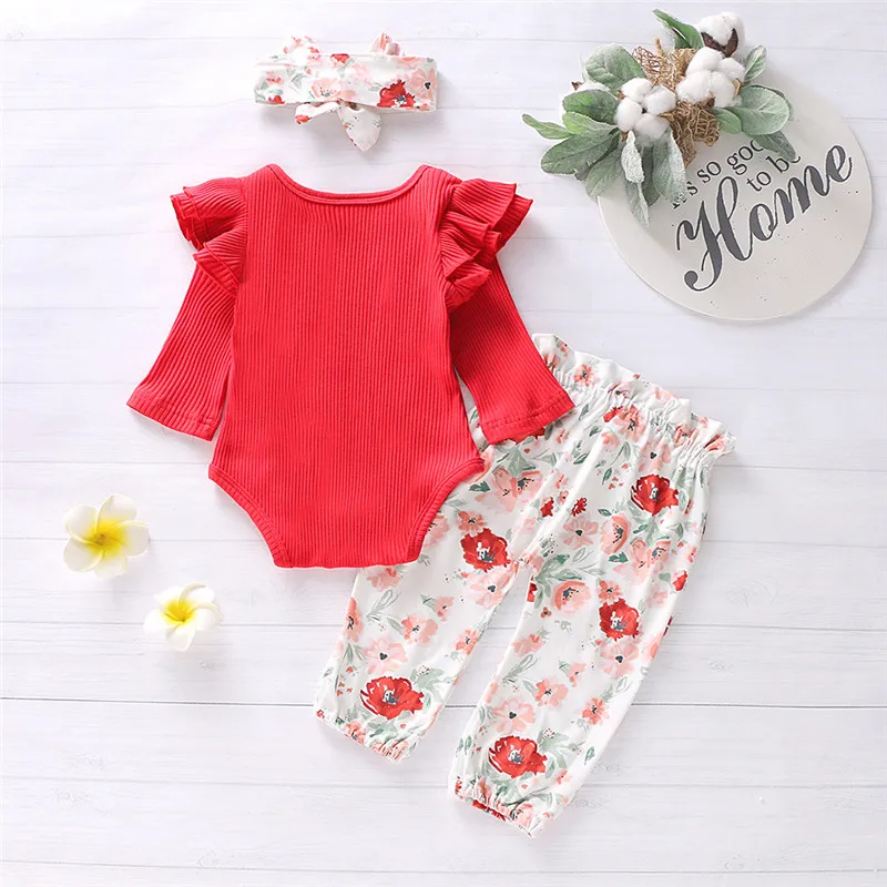 Baby girl clothes Infant Baby Girls Ruffles Solid Romper Bodysuit+Floral Pants+Headband Outfits ubranka dla niemowlat #4J25 (9)