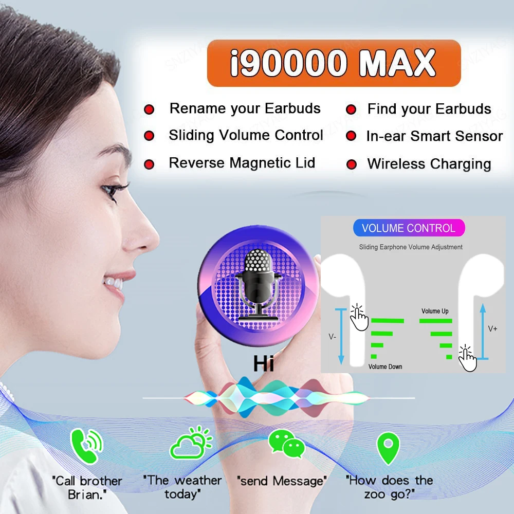 I90000MAX TWS Arie 2, беспроводные наушники, 8D, супер бас, Bluetooth 5,0, наушники, раздвижные, регулировка громкости, наушники PK i5000 i9000tws