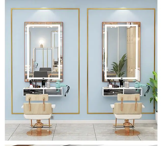 Barber shop mirror hair salon special integrated cabinet marble wall mirror LED light net red hairdressing single side
