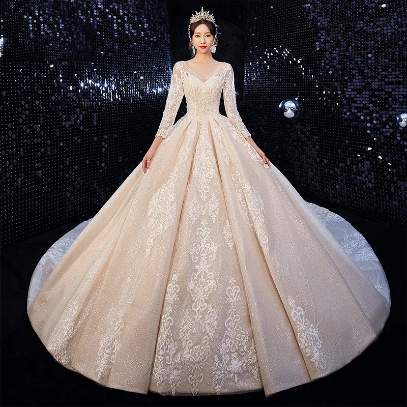 Vivian's Bridal роскошное свадебное платье принцессы, звездное небо, модное блестящее свадебное платье с длинным рукавом и длинным шлейфом, зимнее свадебное платье