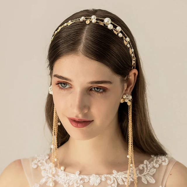 

Baroque Gold Pearl Headband Tiara Vintage Long Hairband Bridal Leaf Headpiece Crown Wedding Hairpieces Party Hair Jewelry Gifts
