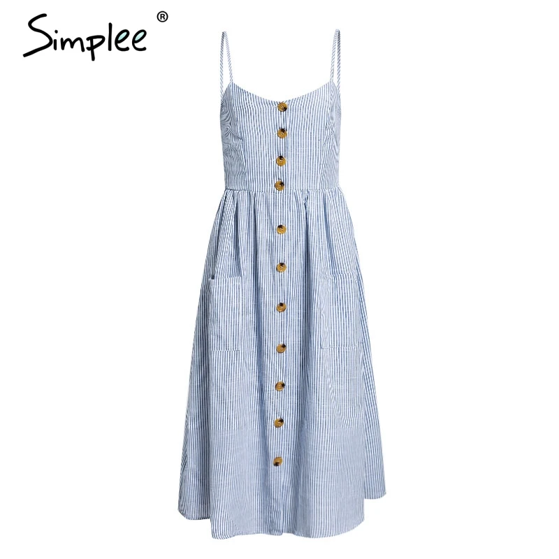 Женское хлопковое платье в полоску Simplee элегантное миди с пуговицами и ремешками