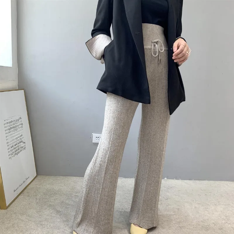 

New Arrival Women's Elegant Vertical Striped High Waist Drawstring Winter Warm Sweater Pants Wide Leg Trousers