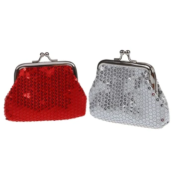 

ASDS-2 Pcs Women'S Sequins Coin Purse Buckle Mini Wallet, Red & Silver