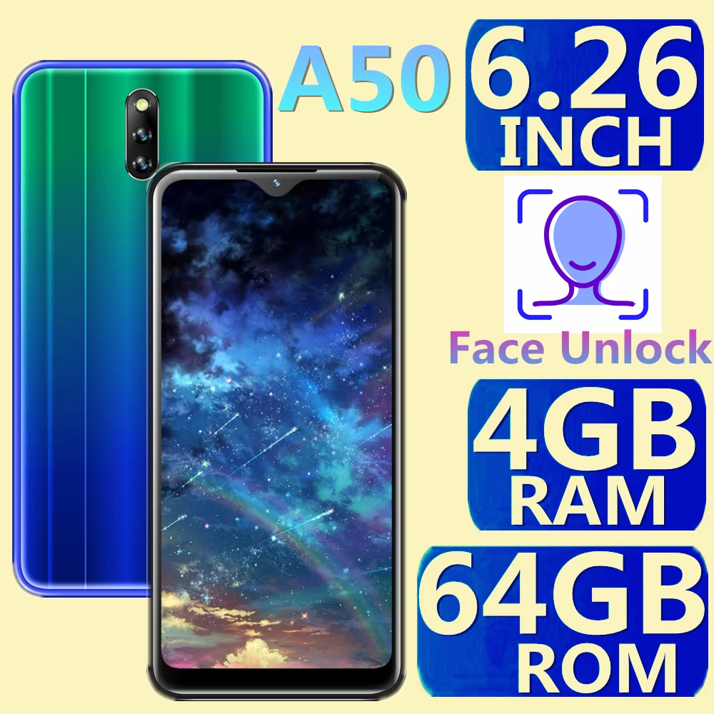 

Original Cellphones A50 Smartphones 4G RAM 64G ROM 6.26INCH IPS Android Unlocked 8.0 MP Mobile Phones Face ID