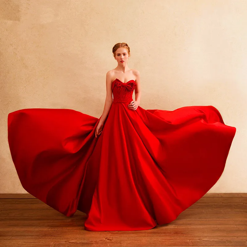 

long Prom dresses bow beading red satin lace Evening Dress Formal party gown robe de soiree vestidos 2016 new sexy sweetheart