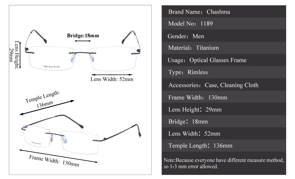 Бренд Chashma, без оправы, титановый сплав, ультра-светильник, вес, очки для близорукости, оправа, оптические очки для глаз для мужчин, очки без оправы, 2 G