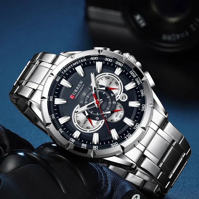 CURREN nouveau chronographe de Sport décontracté montres pour hommes bracelet en acier inoxydable montre-bracelet grand cadran horloge à Quartz avec pointeurs lumineux 2