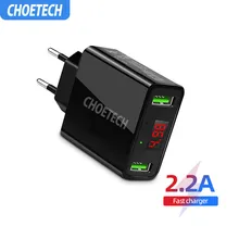 CHOETECH Dual USB зарядное устройство светодиодный дисплей 5 в 2.2A умная зарядка США ЕС вилка настенное зарядное устройство для iPhone X телефон зарядное устройство s адаптер